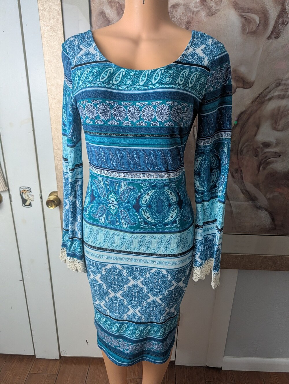 NWT Ultra Flirt Teal and Navy Paisley Long Sleeve Bodycon Dress Size K
